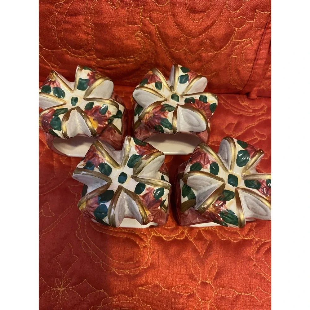 Vintage Set 4 Ceramic Christmas Holly & Ribbon Napkin‎ Rings Holders Great Cond